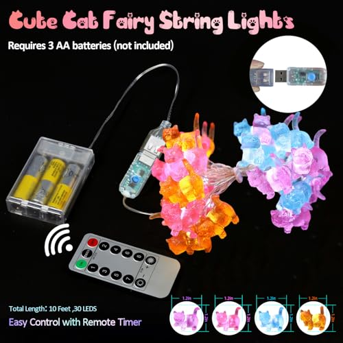 Cat Décor Cute Indoor String Light Fairy Lights Plug in Decorative Lights 10ft 30LED Battery Operated or USB for Bedroom Kids Tent Camping Christmas Tree Ornaments