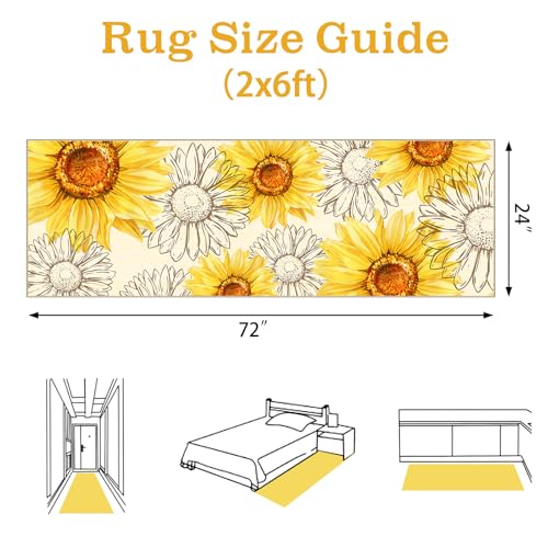 AooHHooA Sunflower Runner Rug 2x6 Yellow Rustic Floral Rug with Non-Slip Backing Washable Runner Rugs for Kitchen Hallway Laundry Entryway