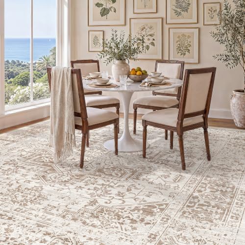 8x8 Square Washable Area Rug: Large Soft Indoor Living Room Rug Ivory Beige