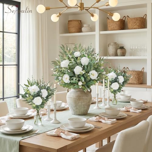 Serwalin Artificial Greenery Stems, Faux Eucalyptus Stems Bulk with Fake Leaves, Mixed Greenery for Centerpieces and Vase, Artificial Eucalyptus Plants for DIY Flower Wedding Home Decor