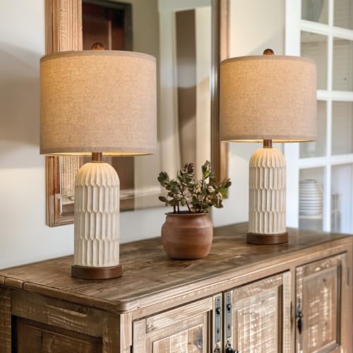 22.5" Bedside Table Lamps Set of 2, Farmhouse Table Lamp with USB A+C Charging Ports,Vintage Nightstand Lamp for Bedrooms and Living Rooms, Retro Resin End Table Lamp, Beige and Brown