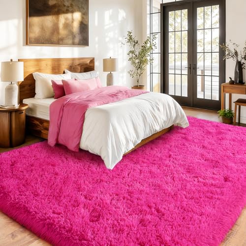 Soft Shaggy for Bedrooms, Hot Pink Area Rug, Fluffy Rugs for Living Room, Cozy Fuzzy Carpet for Kids, Perfect Indoor Decor for Boys and Girls 4x6 Feet