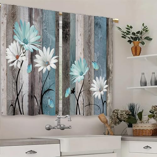 Teal Farmhouse Daisy Kitchen Curtains Wooden Flower Small Short Cafe Window Curtains Rustic Floral Butterfly Country Bathroom Drapes Treatment Tier Curtains 2 Panels (27.5x39 Inch)