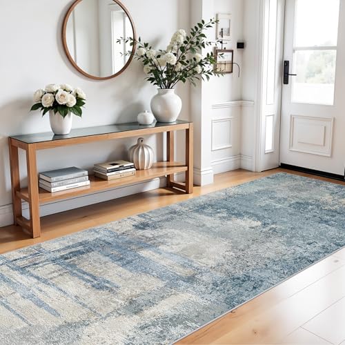 4x10 Modern Abstract Hallway Rug:Washable Wide Runner Rug Blue
