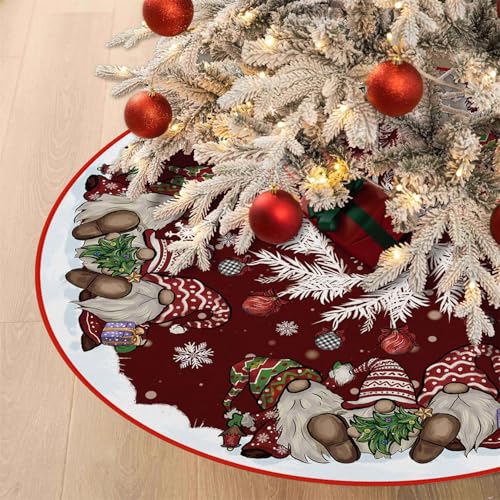 Christmas Tree Skirt 36 Inches, Gnomes with Holly Berry Pencil Red Background Tree Skirt, Winter Xmas Tree Mat Decorations for Home Party Holiday Decorations