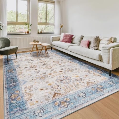 6x9 Area Rugs for Living Room, Washable Rug Vintage Floral, Blue
