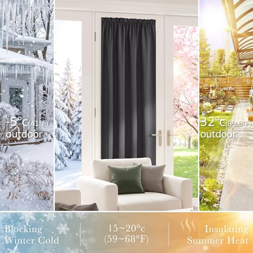 PONY DANCE Blackout Door Window Curtains, Dual Rod Pocket Grey Drape for Front Glass French Door, Privacy Thermal Insulated Room Darkening Curtain for Sidelight Window, W 25 x L 72 inch, 1 Panel