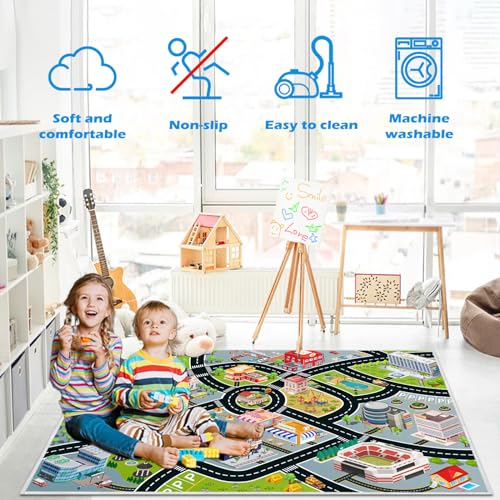 Kids Car Rug, Carpet Playmat for Toy Cars and Train, Road Traffic Play Mat for Kids, Play Area Rug with Non-Slip Backing, Ideal Gift for Children's Room playroom(2.6×3.9ft/31×47in)