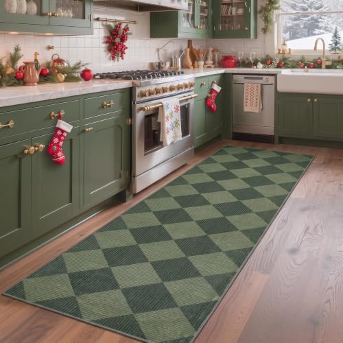GarveeHome Checkered Rug Runners Hallway 2x6 Olive Green Kitchen Runner