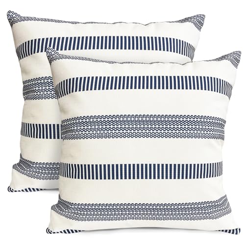 Decorative Throw Pillow Covers Set of 2 Blue Boho Striped Pillow Covers 18x18 Inch Throw Pillow Cover Linen Pillowcase Farmhouse Outdoor Pillow Covers for Couch Sofa Bed Living Room