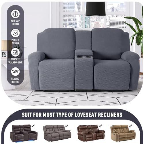 KinCam Loveseat Recliner Covers with Middle Console Slipcover, Recliner Sofa Covers 2 Seat Couch Cover Stripe Jacquard Furniture Protector Covers with Elastic Bottom for Kids, Pets (Dark Gray)
