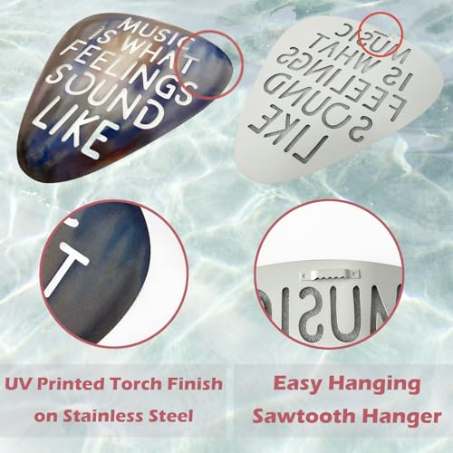 AZEZO Metal Guitar Pick Décor, 12’’x10’’ Music Wall Art, Stainless Guitar Wall Art, Featuring ‘Music Is What Feelings Sound Like’
