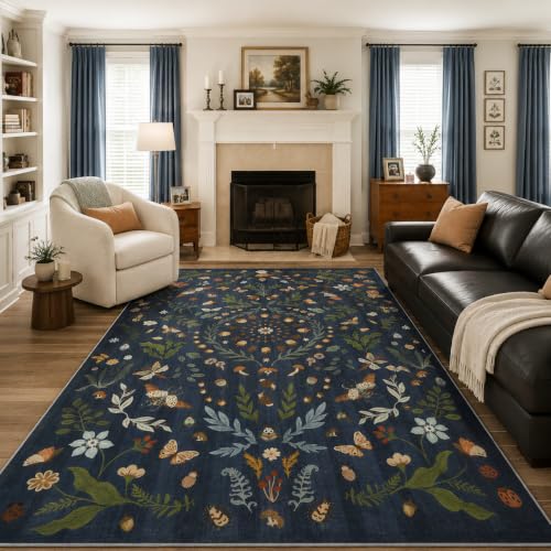Lahome Washable Insect Botanical 8x10 Area Rugs for Living Room - Machine Washable Non-Slip Navy Blue Nursery Rug, Boho Low Profile Soft Faux Wool Carpet for Bedroom Laundry Playroom Dining Room