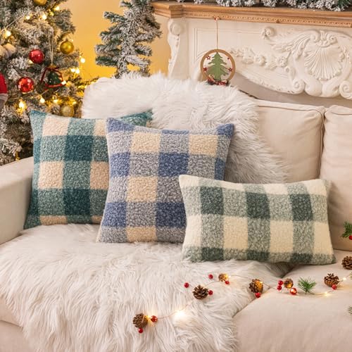 Green White Plaid Christmas Throw Pillow Covers 12x20 Inch Set of 2