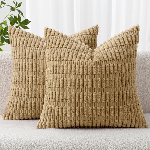 MIULEE Corduroy Decorative Throw Pillow Covers 18x18 Khaki Pack of 2