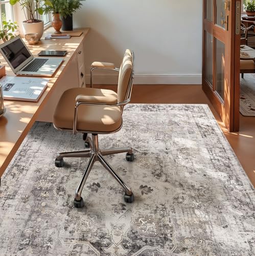 YOH Boho Washable Rug 5x7, Charcoal Gray Vintage Non Slip Area Rug, Distressed Indoor Carpet for Living Room Bedroom Kitchen Office