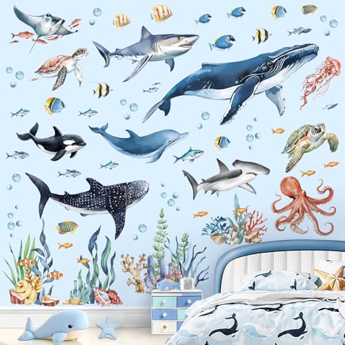 decalmile Under The Sea Fish Wall Decals Ocean Animal Sea Turtle Seaweed Whale Wall Stickers Bathroom Baby Nursery Bedroom Living Room Wall Decor