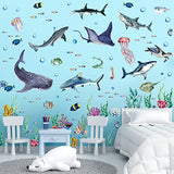 3 Pieces Large Watercolor Sharks Wall Decals Ocean Animal Peel and Stick Wall Sticker Under The Sea Marine Life Theme Decals Nursery Room Home Decor Party Supply, 11.2 x 34.6 Inches
