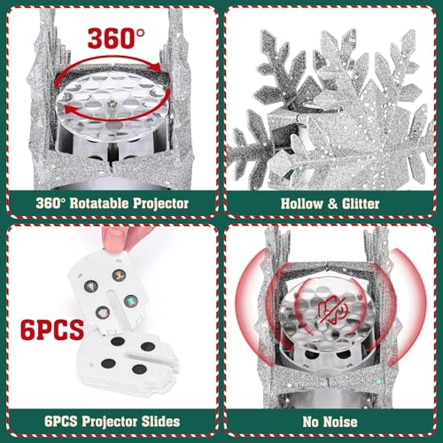 Christmas Tree Topper Lighted with 6 Projection Slides, PliMook Snowflake Christmas Tree Topper LED Rotating 3D Lighted Tree Toppers Glitter Tree Topper Projector for Christmas Tree(Silver)