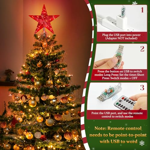 Red Christmas Tree Star Topper with Lights, 8.5-Inch Light-Up Christmas Tree Topper with Remote Control, 4 Brightness Levels & 8 Light Modes, Faux Mercury Glitter Design with 20 Lights