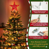 Red Christmas Tree Star Topper with Lights, 8.5-Inch Light-Up Christmas Tree Topper with Remote Control, 4 Brightness Levels & 8 Light Modes, Faux Mercury Glitter Design with 20 Lights