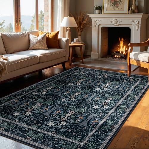 Joydeco Machine Washable Area Rugs 5x7, Boho Floral Rug for Bedroom Non Slip, Soft Forest Botanical Low-Pile Floor Indoor Throw Carpet for Living Dining Room Dorm Office, Black