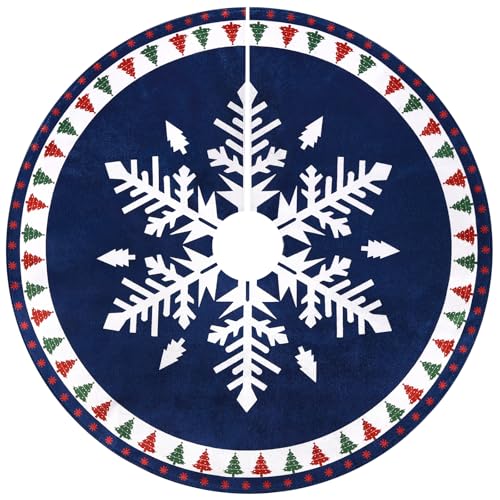 MACTING Christmas Tree Skirt, 30 Inch Round Blue Polyester Christmas Tree Skirts with Big Snowflake and Christmas Tree Printed for Holiday Party Rustic Xmas Tree Decoration
