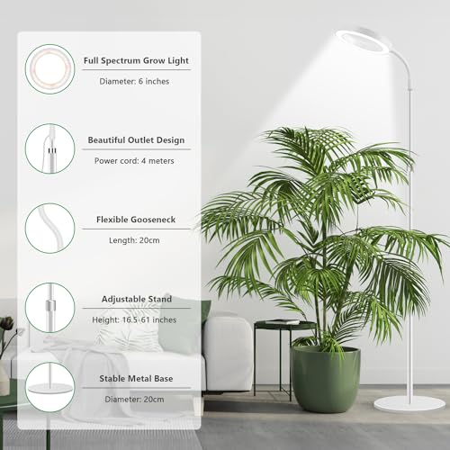 Floor Grow Lights for Indoor Plants, Full Spectrum Plant Light with 68" Stand for Growing Large Tall Plants, White Halo Grow Lamp with 6/12/16H Timer, 3 Light Modes, 5 Dimming