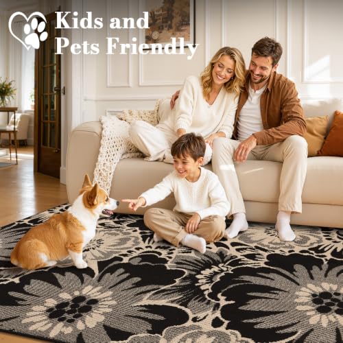 Findosom Washable Area Rug 5x7, Non Slip High-Low Textured Floral Rugs for Living Room with Rubber Backing, Boho Carpet for Bedroom, Kitchen, Entryway, Laundry, Black & Beige