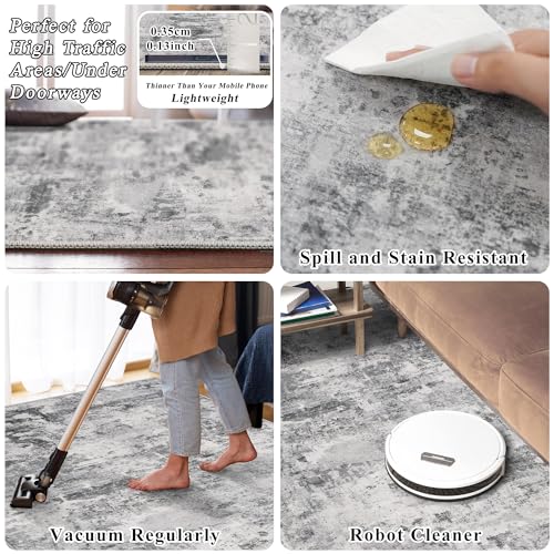 HILORUUG 2x4 Rug Washable Entryway: Non Slip Abstract Runner for Kitchen Bathroom - Modern Minimalist Low Pile Stain Resistant Thin Indoor Floor Mat - 2x4 Black Grey