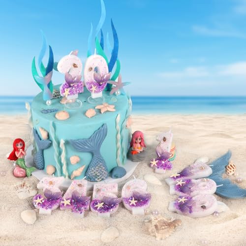 Purple Number 5 Candles Mermaid Birthday Candle 5th Birthday Cake Topper Cupcake Decorations for Girls and Women Party Decor Anniversary Celebrations Supplies Favors
