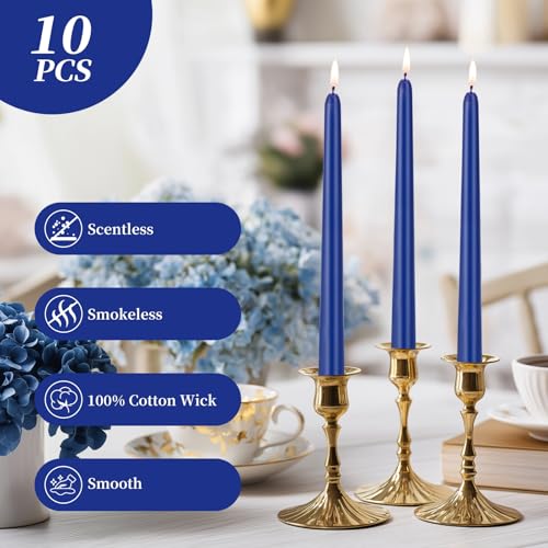 KONNI 0.87×10 Inch Blue Taper Candles, Unscented and Smokeless Tall Candlesticks, 10 Pack Tapered Candles with Cotton Wicks, Long Burning, Ideal for Weddings, Dinner Parties, and Home Décor