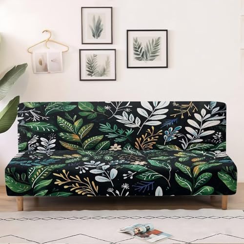 Green Leaf Pattern Armless Sofa Cover, Anti-Slip Non-Armrest Couch Cover Comfortable Futon Sofa Slipcover for 3 Cushion Couch