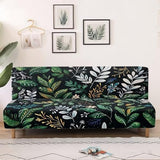 Green Leaf Pattern Armless Sofa Cover, Anti-Slip Non-Armrest Couch Cover Comfortable Futon Sofa Slipcover for 3 Cushion Couch