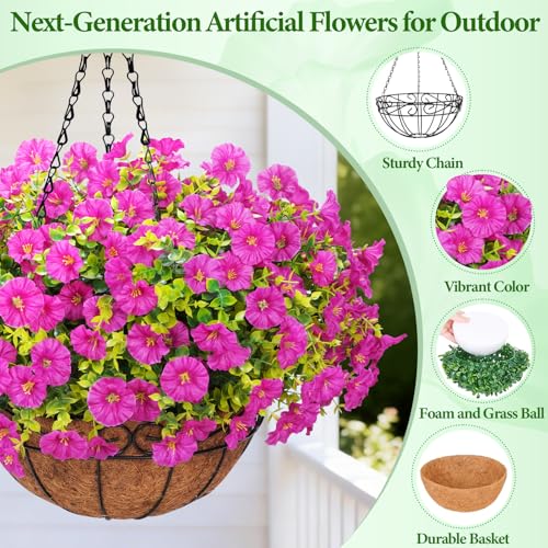 Yastouay Artificial Hanging Flowers for Outdoors, Fake Hanging Plants with Baskets, UV Resistant Hanging Flowers Fake Flowers for Outdoors Porch Patio Garden Spring Summer Decor(Purple Red)
