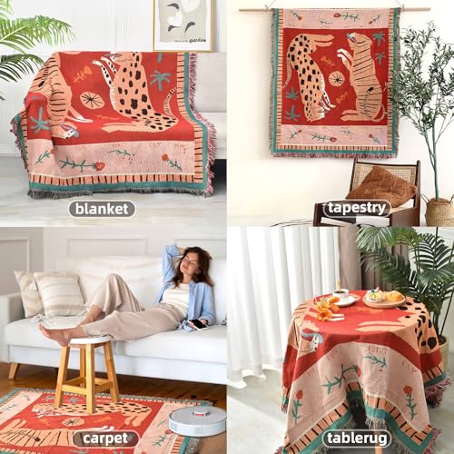 Boho Throw Blanket Reversible Cotton Bohemian Tapestry Hippie Room Decor Outdoor Blanket Double Sided (Boho Leopard 50"x60")