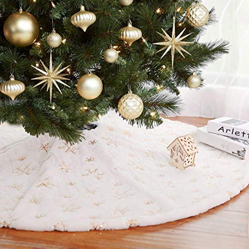 LOMOHOO Christmas Tree Skirt Large White&Gold Luxury Faux Fur with Snowflakes Tree Skirt Christmas Decorations Plush Tree Skirts Xmas Ornaments (36 inches/90cm)