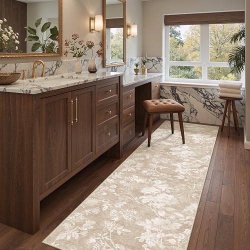 Soalmost Floral Runner Rug 2.5x8 for Hallway, Washable Soft Neutral Rug Tan