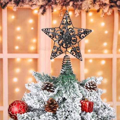 Aneco 10 Inches Metal Glittered Christmas Tree Topper Star Treetop Decoration for Christmas Home Decor, Black