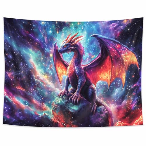 Purple Dragon Tapestry, Gothic Medieval Fantasy Animals Cool Dragon Tapestry for Bedroom Aesthetic, Nebula Starry Sky Tapestry Wall Hanging, Men Boys Poster Blanket College Dorm Home Decor, 40X30in