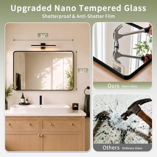 Koonmi Black Bathroom Mirror for Over Sink, 22x30 Inch Wall Mirror for Wall Matte Rectangle Metal Deep Framed, Shatterproof Tempered Glass Mirrors for Bathroom, Hang Vertically or Horizontally