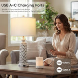 QiMH 26" Table Lamps Set of 2, Modern Bedside Lamps with USB A+C Ports, 3-Way Dimmable Touch Control & White Shade, Coastal White Gray Nightstand Lamp for Living Room Bedroom, Included 2700K LED Bulbs