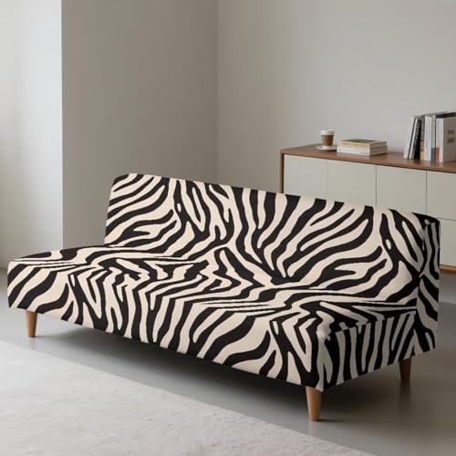 Zebra Print Beige Black Soft Futon Covers Armless Sofa Bed Slipcover with Elastic Bottom Wear Resistant Furniture Protector Stretch Washable Couch Cover for Futon