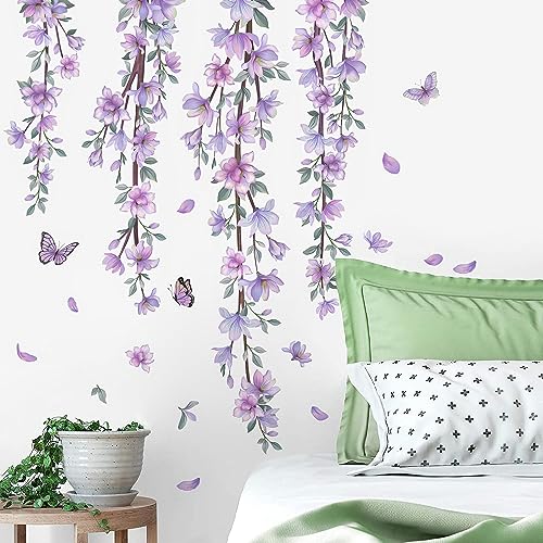 Hanging Creative Removable DIY Purple Flower and Vines Some Flying Butterfly Wall Sticker Waterproof Vinyl Wall Decal Decor for Home Girls Bedroom Kids Room Bedroom Living Room Wall Corner