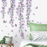 Hanging Creative Removable DIY Purple Flower and Vines Some Flying Butterfly Wall Sticker Waterproof Vinyl Wall Decal Decor for Home Girls Bedroom Kids Room Bedroom Living Room Wall Corner