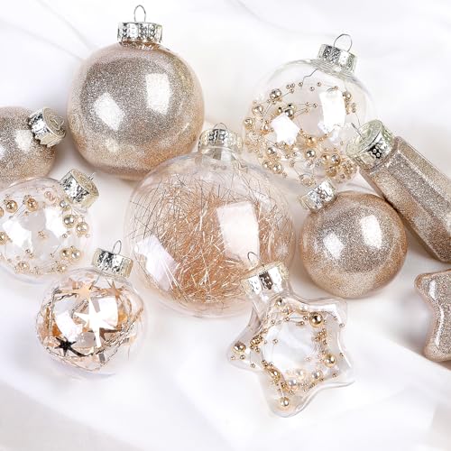 SHareconn 86PCS Christmas Tree Ornaments Clear Set,Shatterproof and Clear Plastic Baubles for Xmas Tree Decor, Holiday Wedding Party Decoration,Champagne