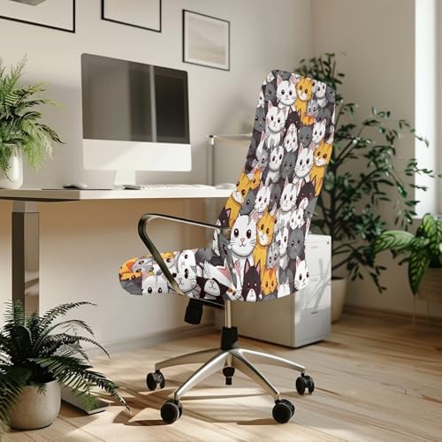 Cartton Cat Office Chair Cover Stretch Slipcover for Desk Chair Easy to Remove and Wash Furniture Protector Dust Cover for Universal Rotating Boss Computer Armrest Chairs