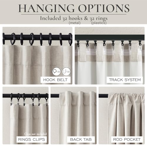 100% Blackout Curtains 84 Inch Length 2 Panels Set Farmhouse Style for Bedroom Windows/Living Room Thermal Insulated Neutral Boho Drapes Linen Blend Natural Ivory 7ft Long Hook Belt Pleated/Back Tab
