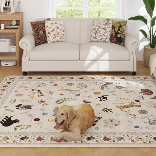 Rugcomf Area Rug 5x7 for Living Room Washable Floral Animal Cat, Beige
