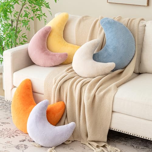 Moon Pillow, Decorative Throw Pillows with Soft Faux Rabbit for Bed Couch, Moon Shaped Pillows Plush Floor Cushions Room Decor Pillow for Sofa Bedroom Living Room